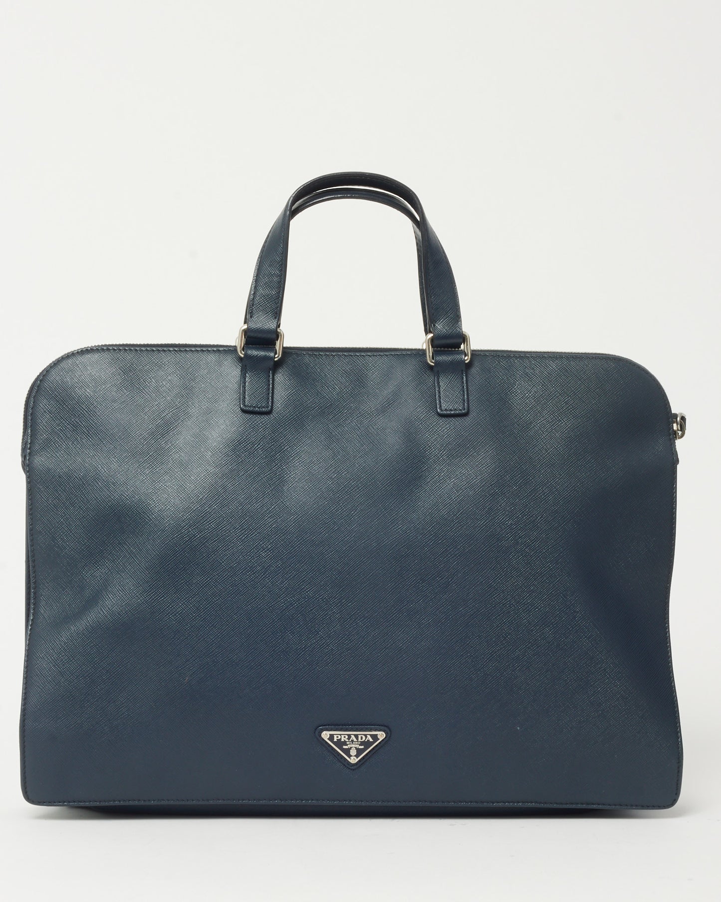 Prada Navy Saffiano Leather Triangle Logo Front Zip Pocket Briefcase