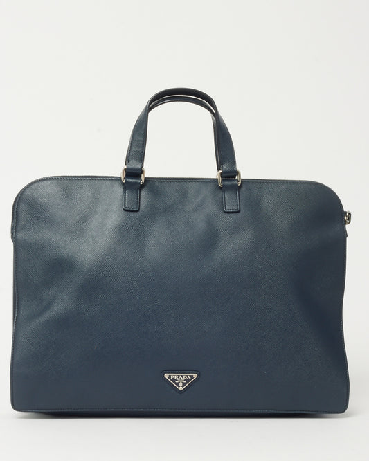 Prada Navy Saffiano Leather Triangle Logo Front Zip Pocket Briefcase