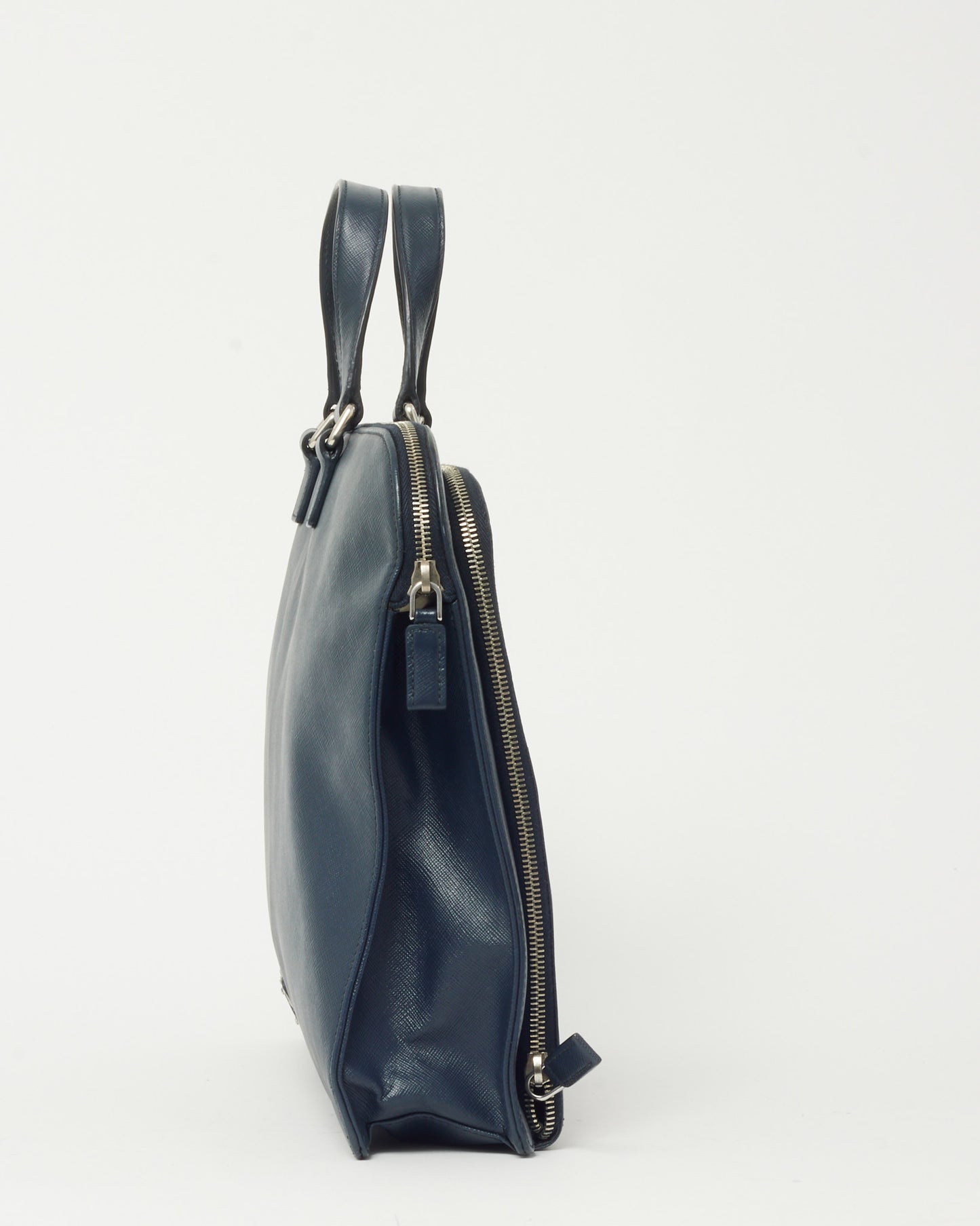 Prada Navy Saffiano Leather Triangle Logo Front Zip Pocket Briefcase
