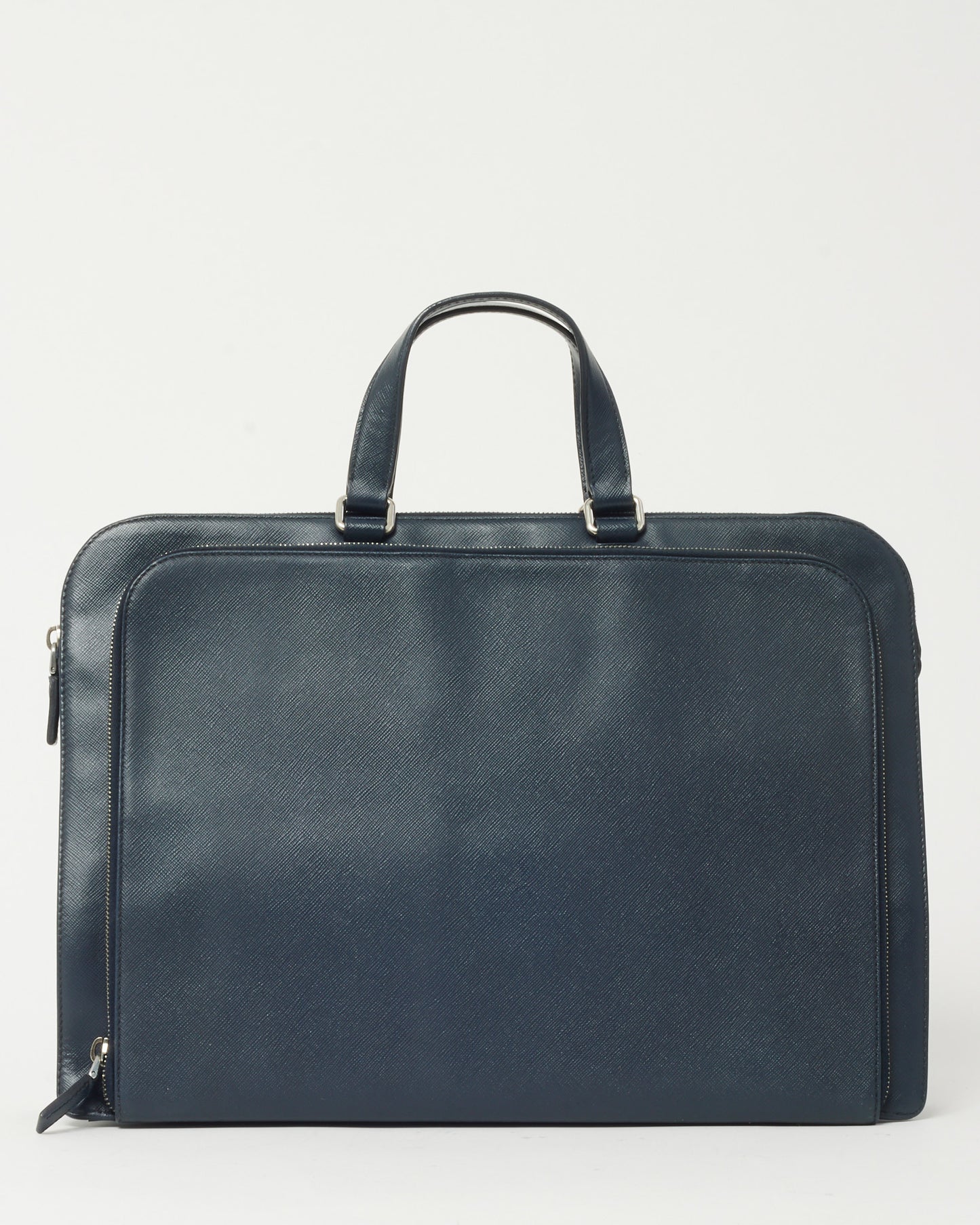 Prada Navy Saffiano Leather Triangle Logo Front Zip Pocket Briefcase