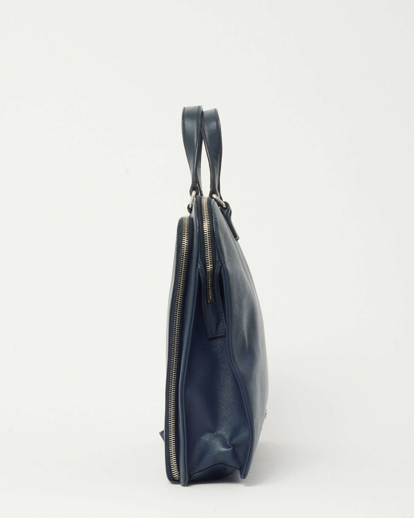 Prada Navy Saffiano Leather Triangle Logo Front Zip Pocket Briefcase