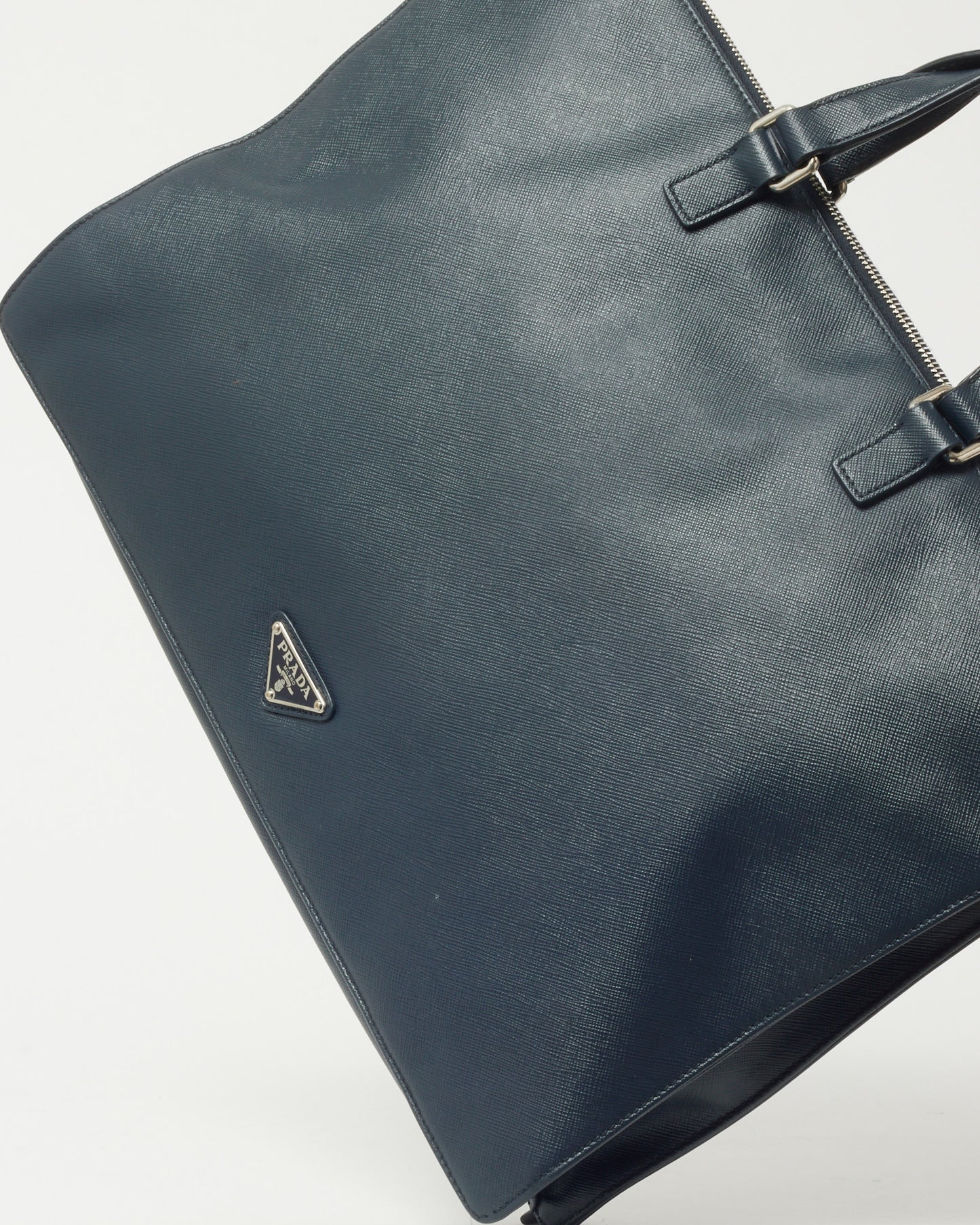 Prada Navy Saffiano Leather Triangle Logo Front Zip Pocket Briefcase