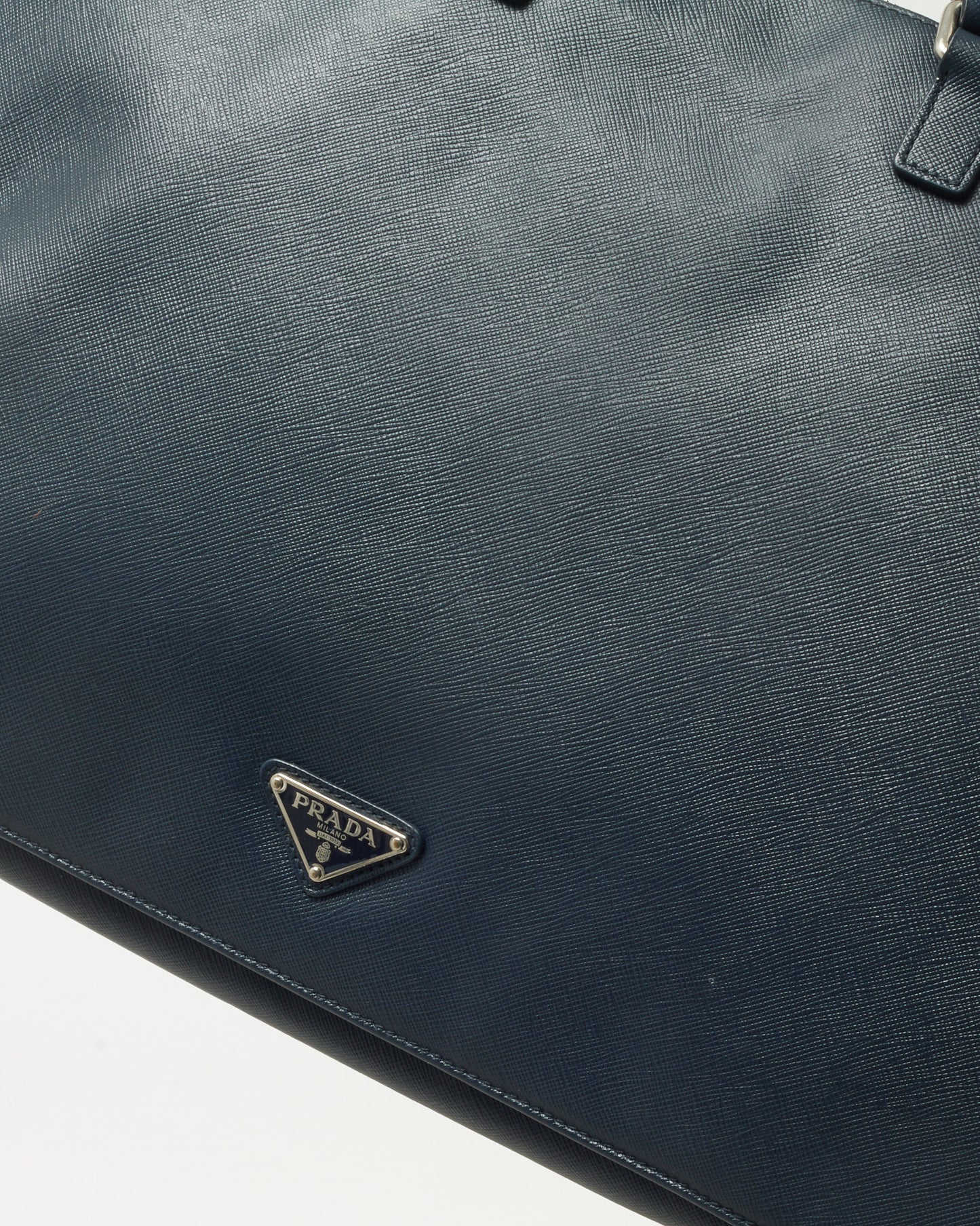 Prada Navy Saffiano Leather Triangle Logo Front Zip Pocket Briefcase
