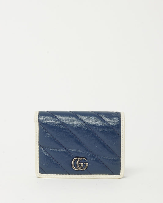 Gucci Navy & White Matelassé Diagonal Leather Torchon GG Marmont Compact Wallet