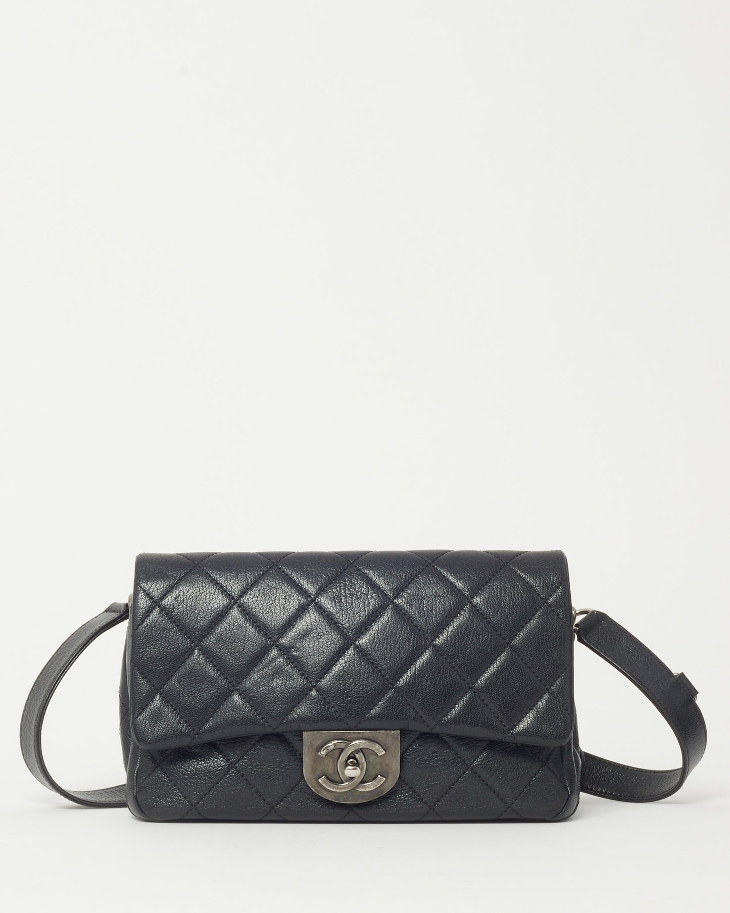 Chanel Black Quilted Goatskin Leather Small Double Carry Waist Flap Bag SHW