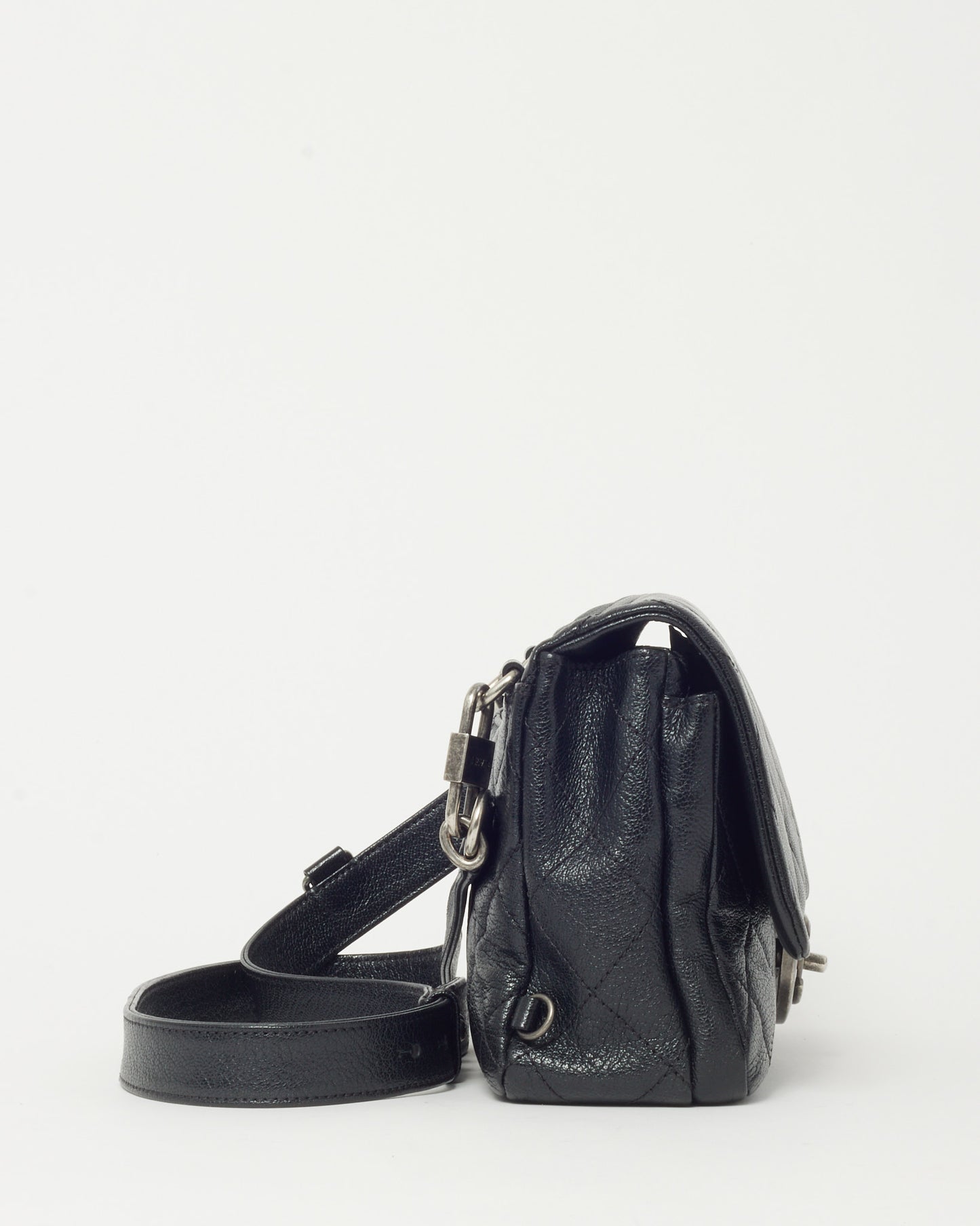 Chanel Black Quilted Goatskin Leather Small Double Carry Waist Flap Bag SHW