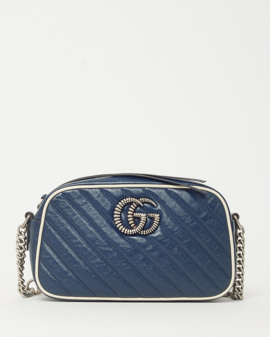Gucci Navy & White Matelassé Diagonal Leather Torchon GG Marmont Small Camera Crossbody Bag