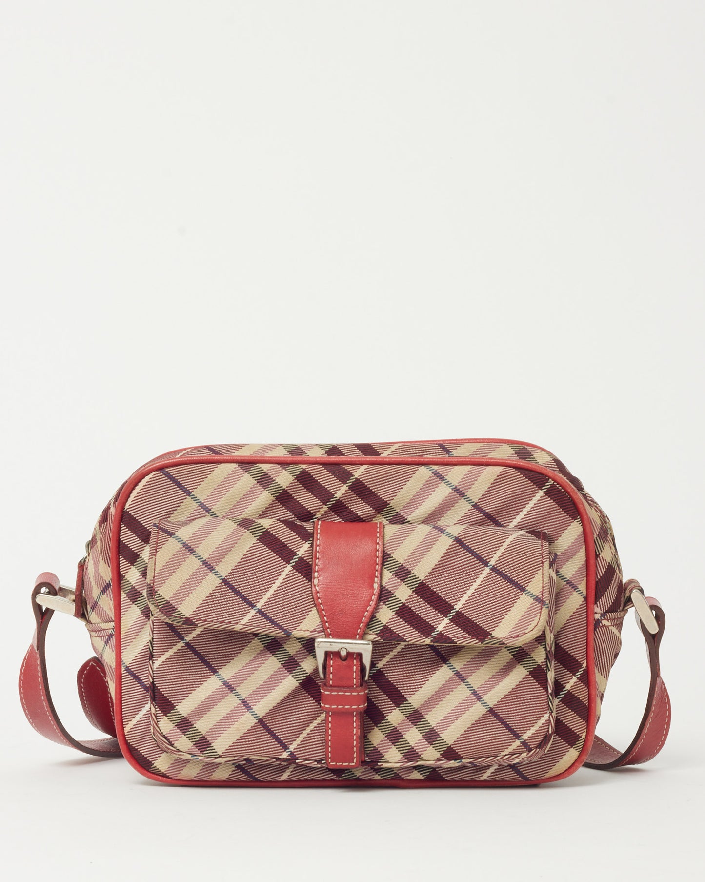 Burberry Vintage Blue Label Red and Beige Check Canvas Pocket Crossbody Bag