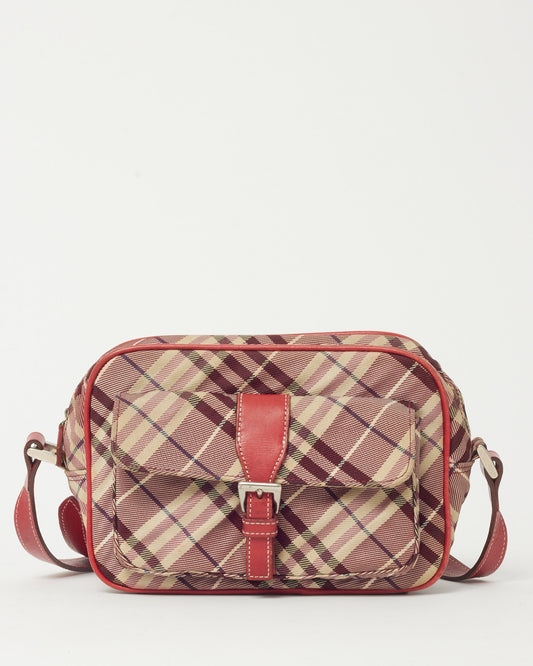 Burberry Vintage Blue Label Red and Beige Check Canvas Pocket Crossbody Bag