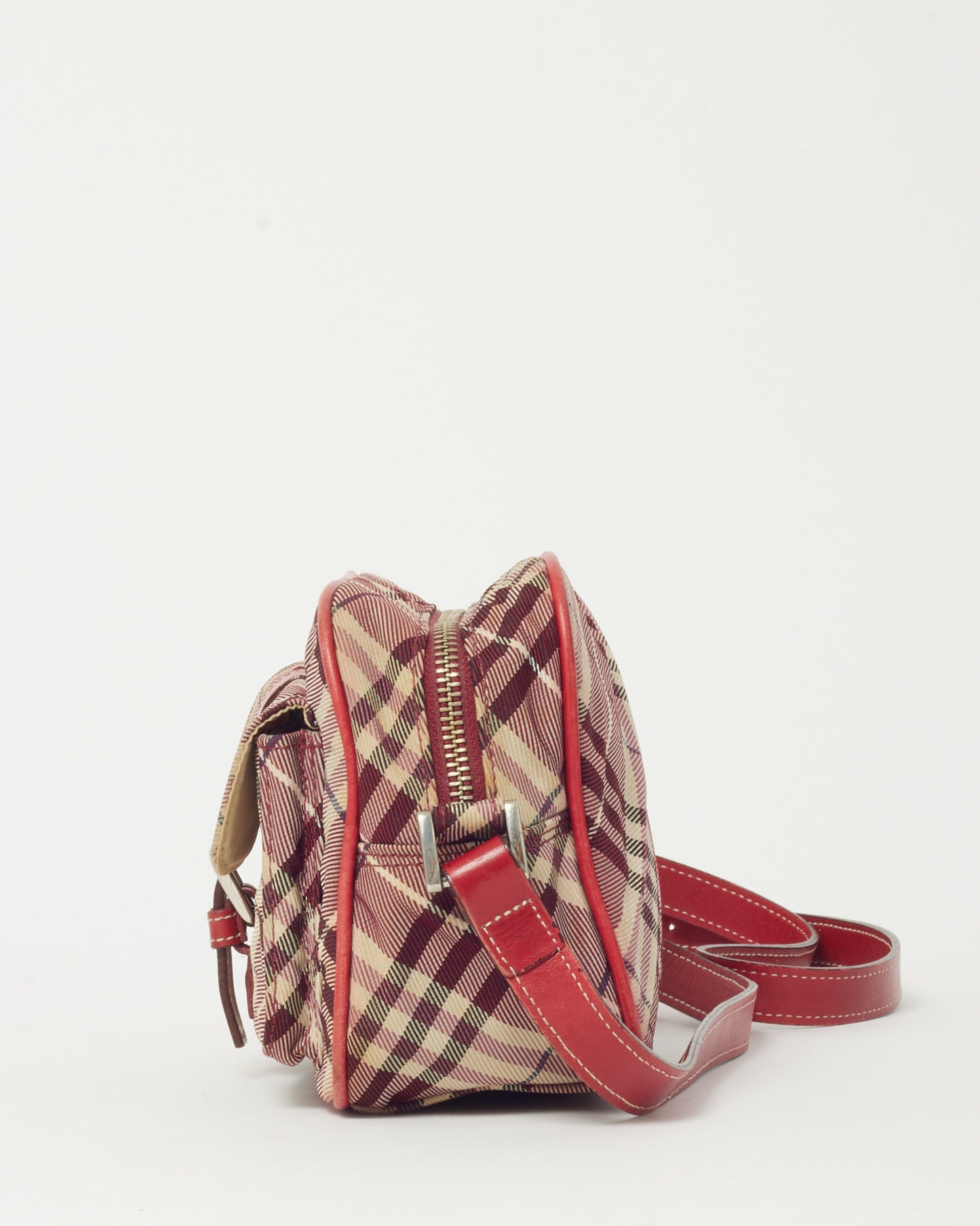 Burberry Vintage Blue Label Red and Beige Check Canvas Pocket Crossbody Bag