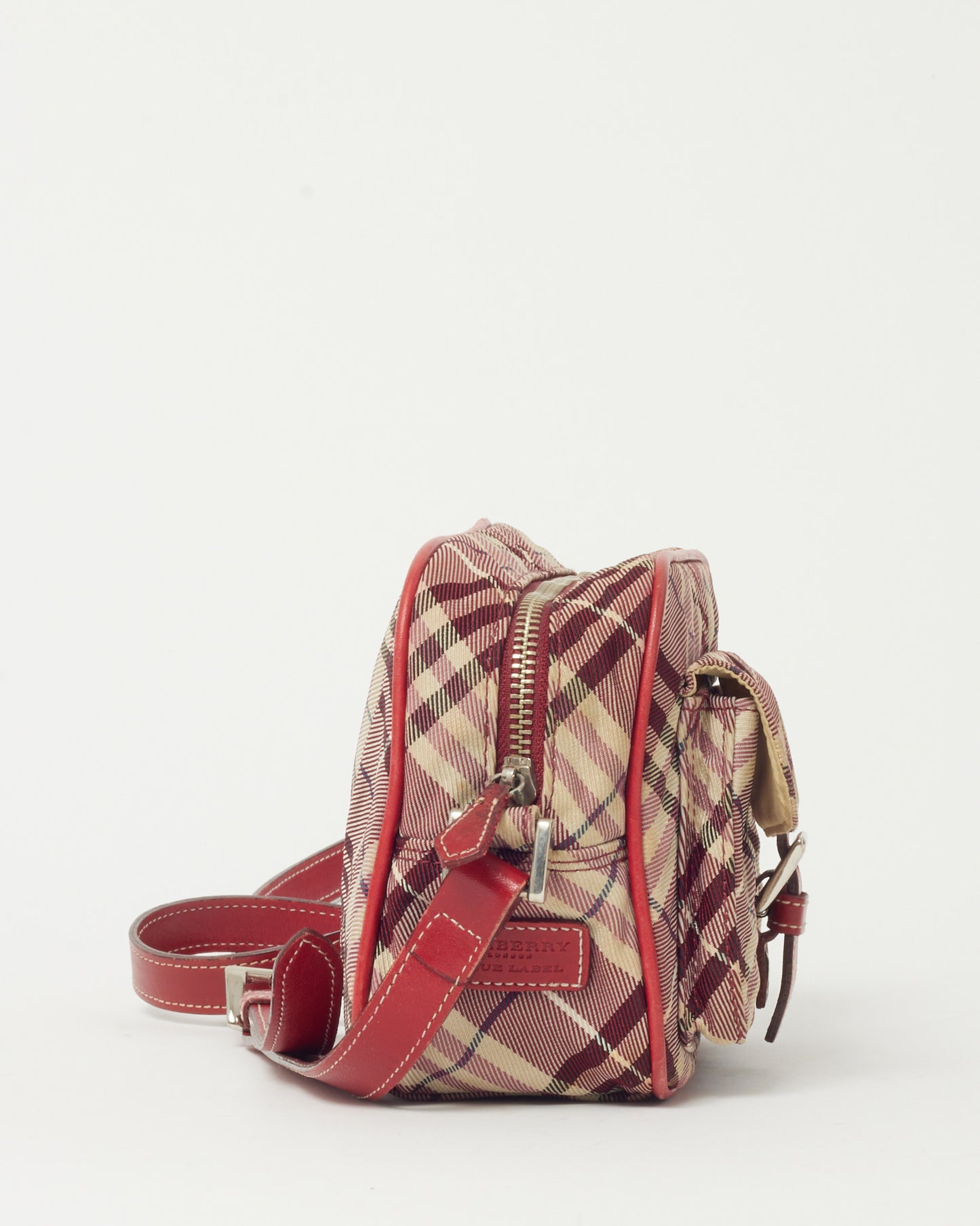 Burberry Vintage Blue Label Red and Beige Check Canvas Pocket Crossbody Bag