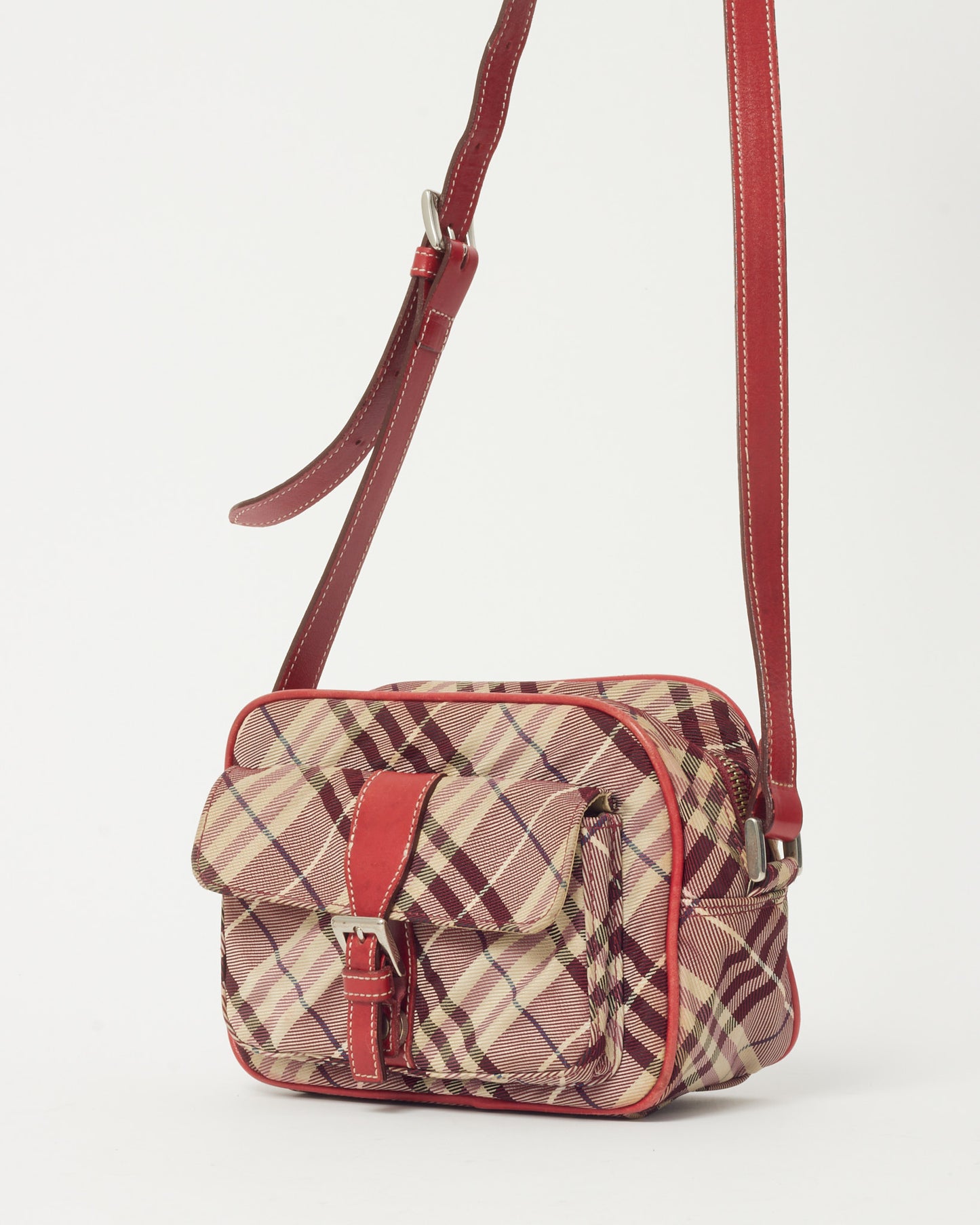 Burberry Vintage Blue Label Red and Beige Check Canvas Pocket Crossbody Bag