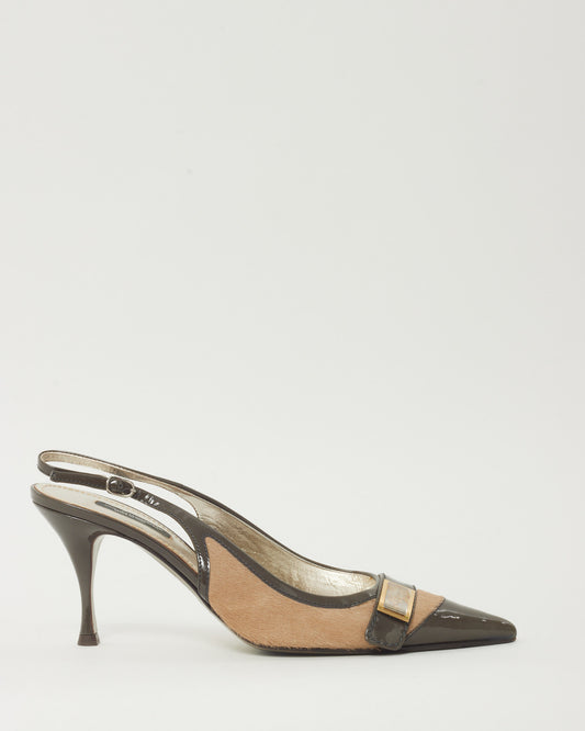 Dolce & Gabbana Vintage Khaki Patent Leather and Beige Pony Hair Fur Pointed Toe Slingback Pumps - 38
