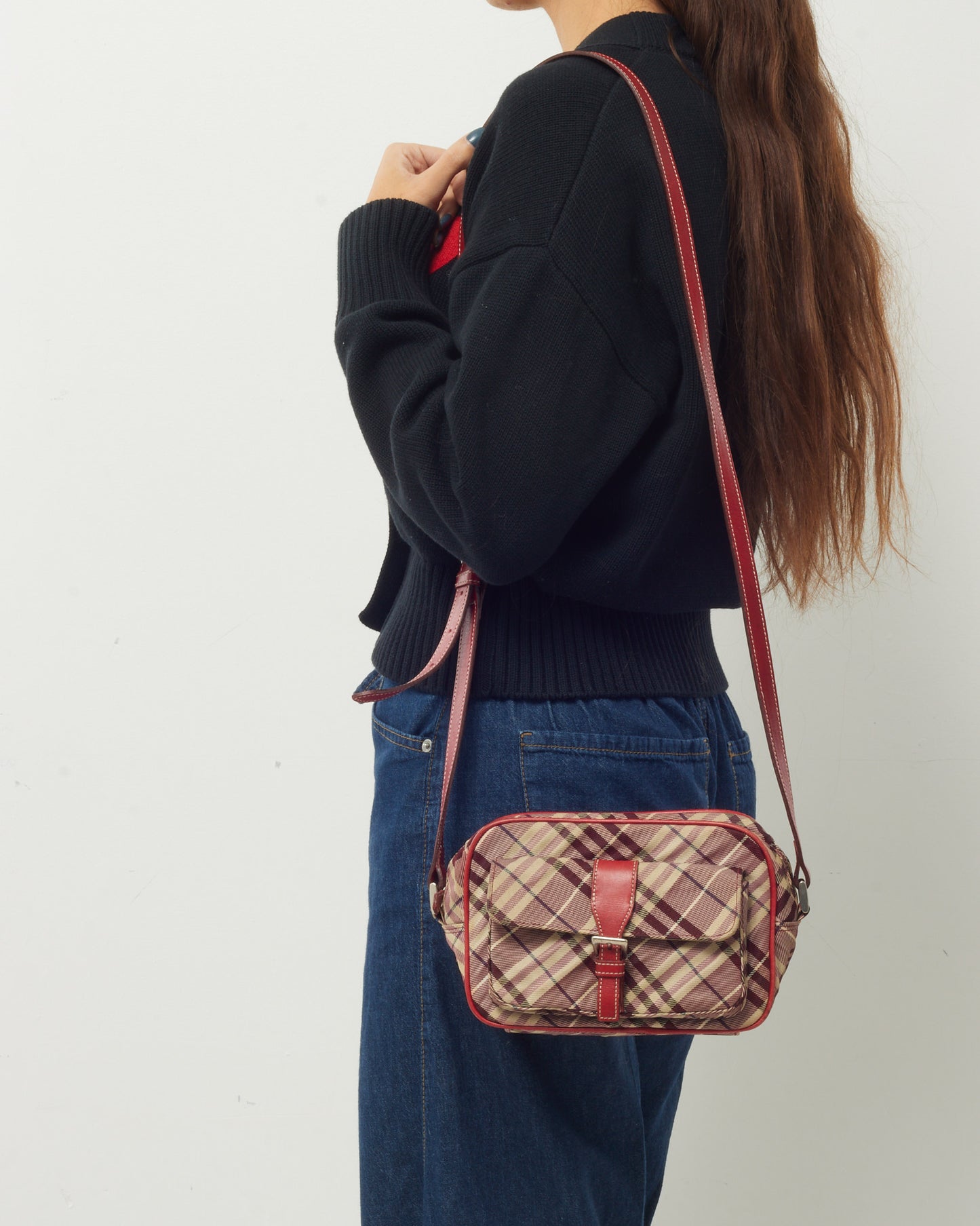 Burberry Vintage Blue Label Red and Beige Check Canvas Pocket Crossbody Bag