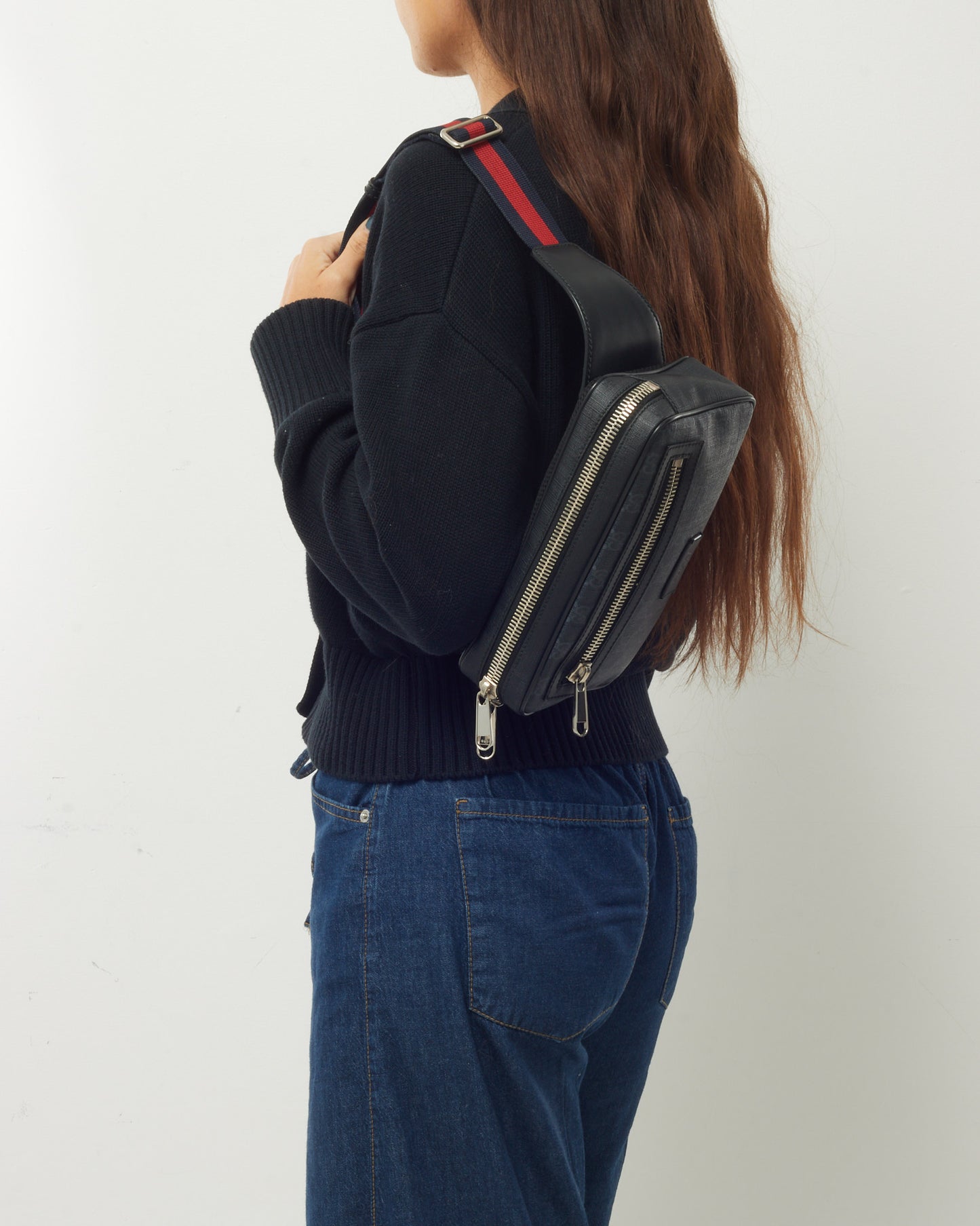 Gucci Black GG Monogram Coated Canvas Web Soft Zip Belt Bag