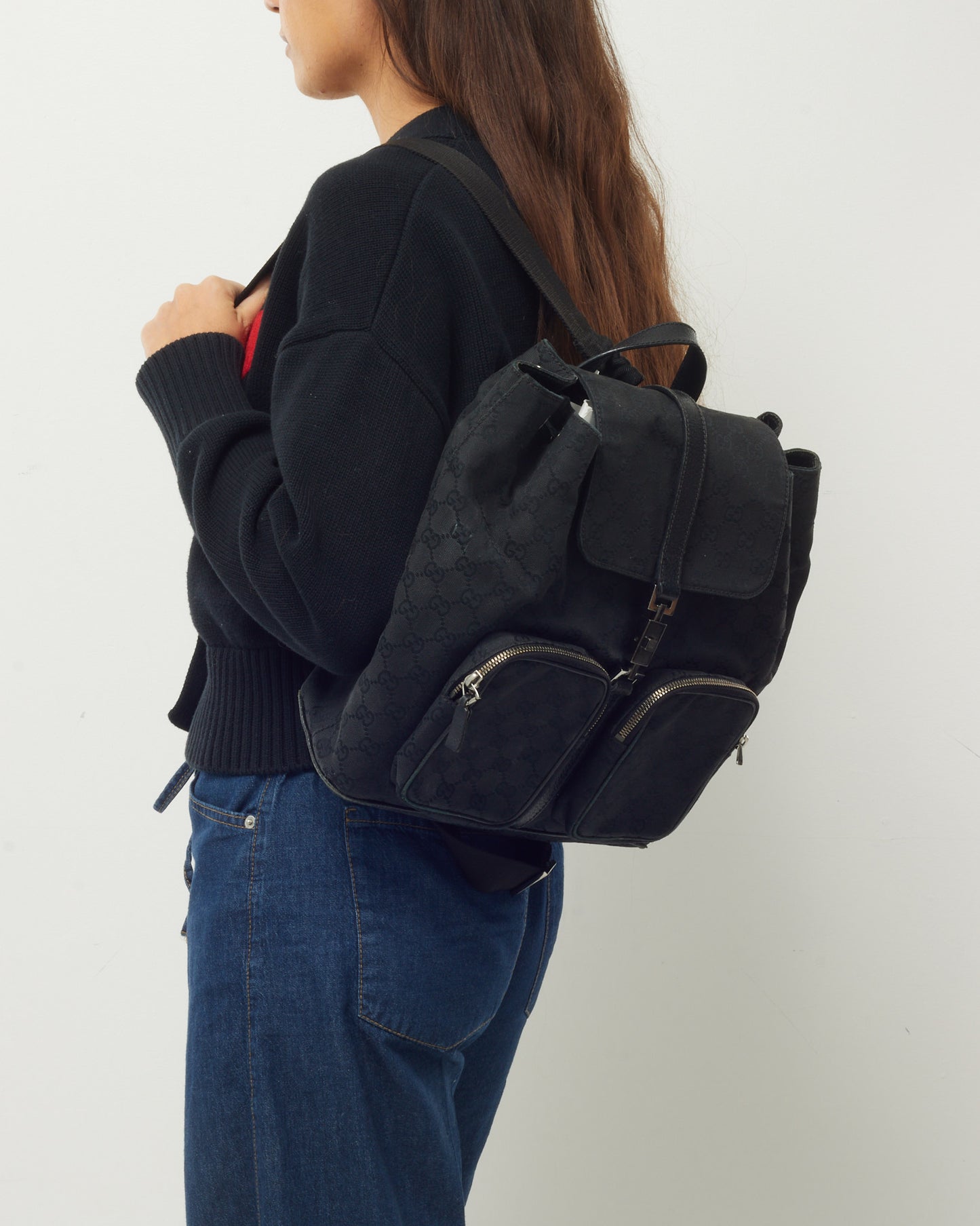 Gucci Black Monogram GG Canvas Jackie Rucksack Backpack