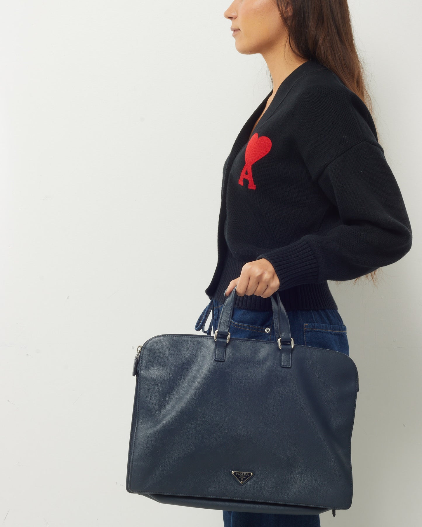 Prada Navy Saffiano Leather Triangle Logo Front Zip Pocket Briefcase