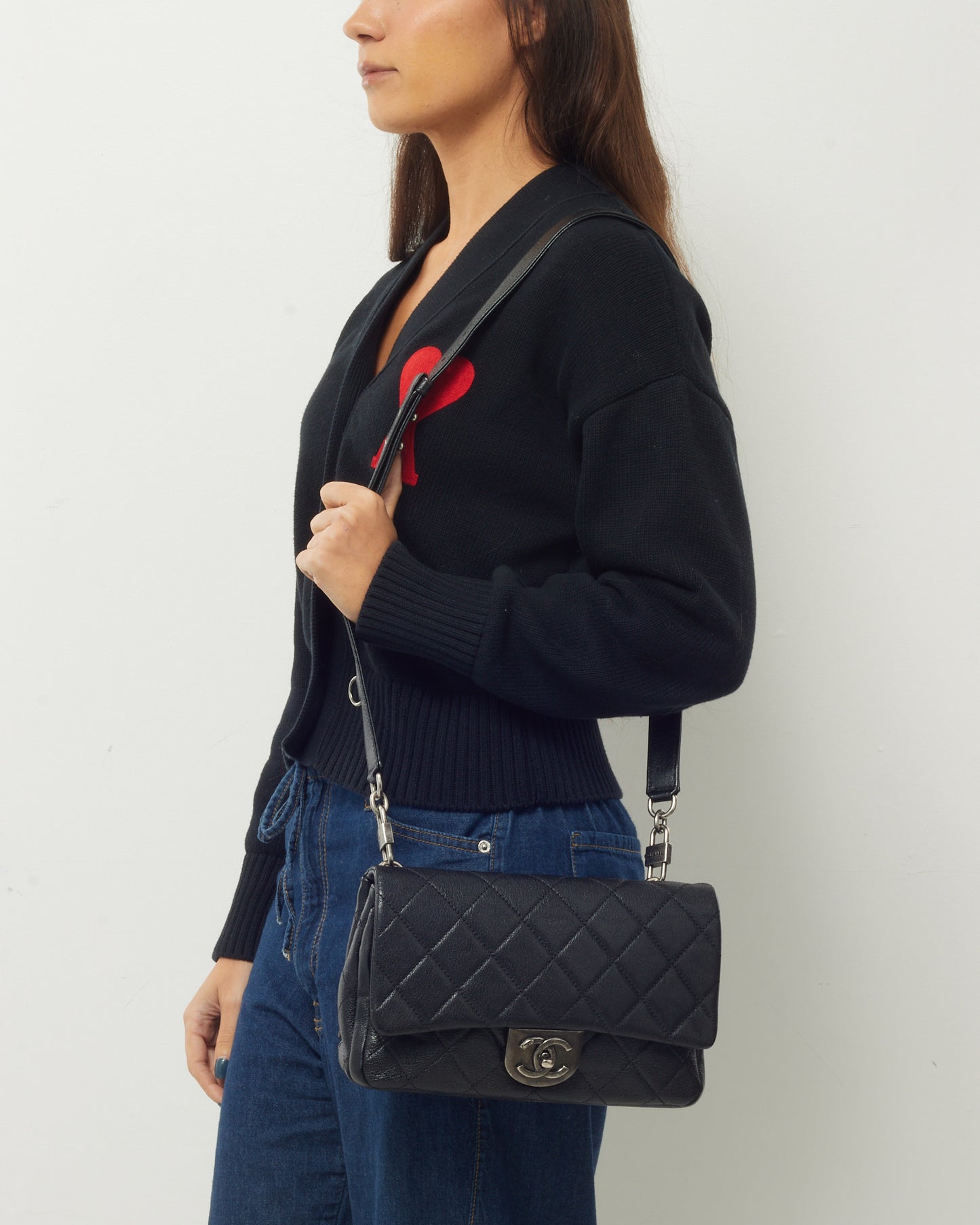 Chanel Black Quilted Goatskin Leather Small Double Carry Waist Flap Bag SHW