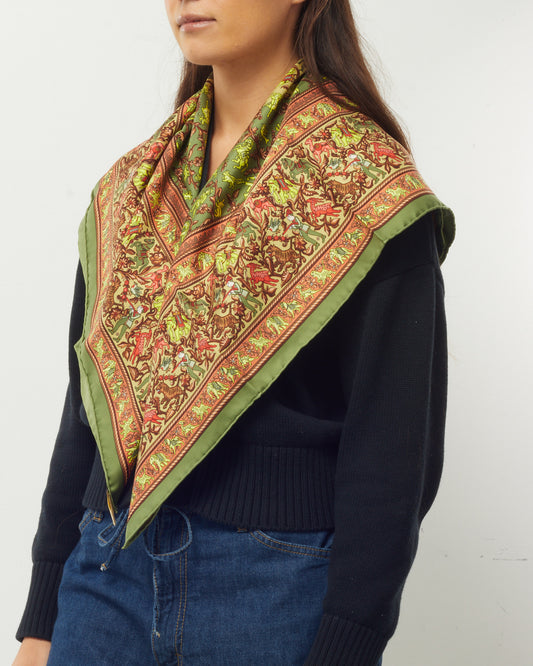 Hermès Green/Red/Yellow/Brown Multi "Chasse en Inde" Silk Printed 90cm Scarf