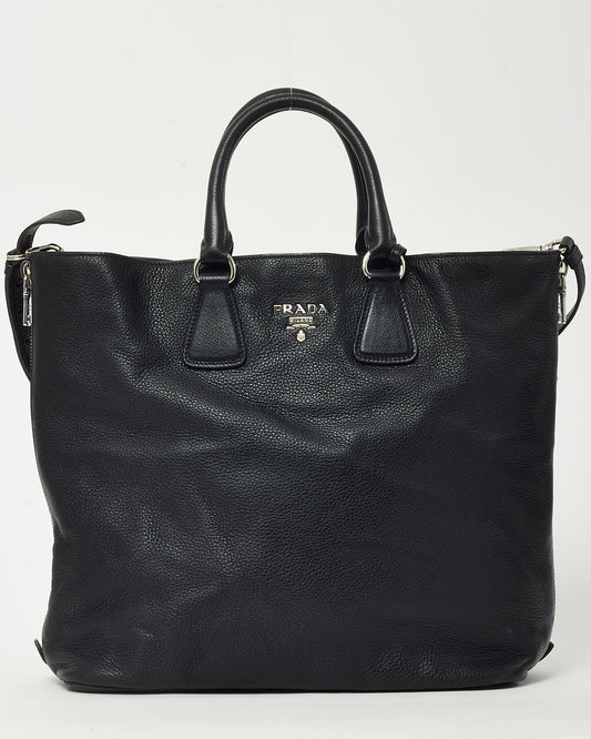 Prada Black Black Vitello Daino Leather Large Zip Tote Bag with Strap