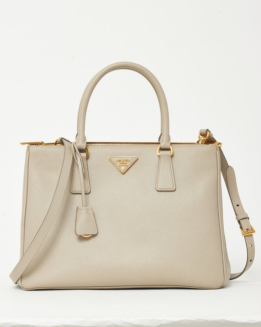 Prada Grey Saffiano Leather Medium Galleria Double Zip Tote with Strap