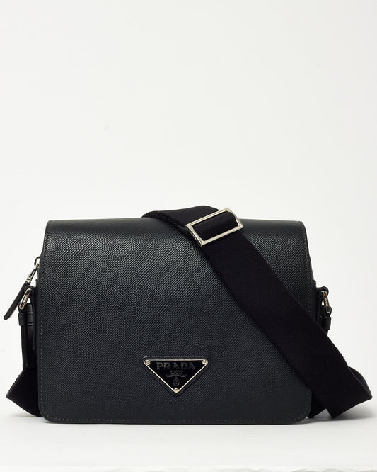 Prada Black Saffiano Leather Square Flap Logo Strap Crossbody Bag