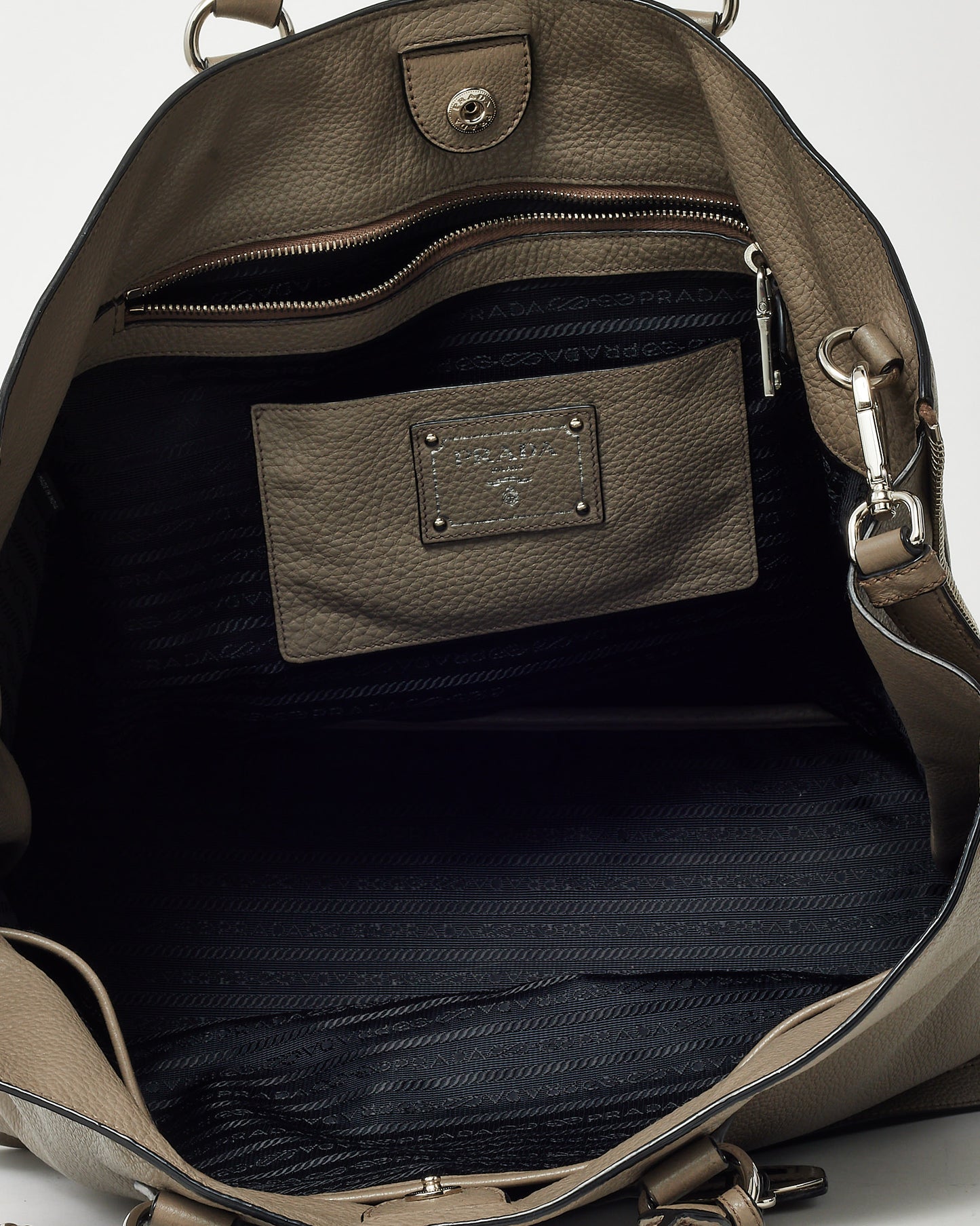 Prada Grey Black Vitello Daino Leather Large Zip Tote Bag with Strap SHW