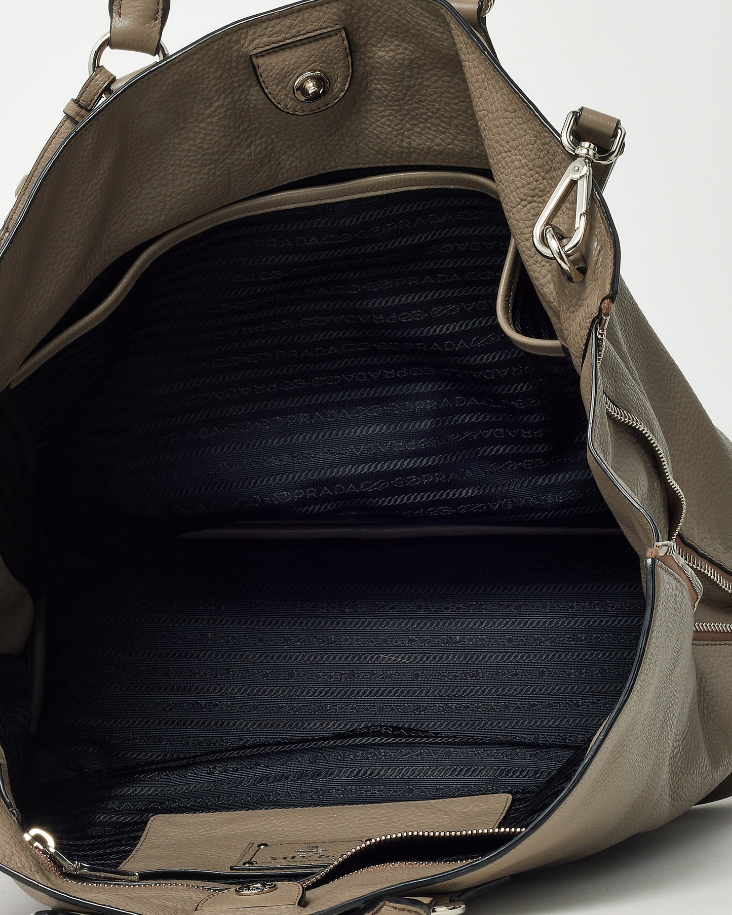 Prada Grey Black Vitello Daino Leather Large Zip Tote Bag with Strap SHW