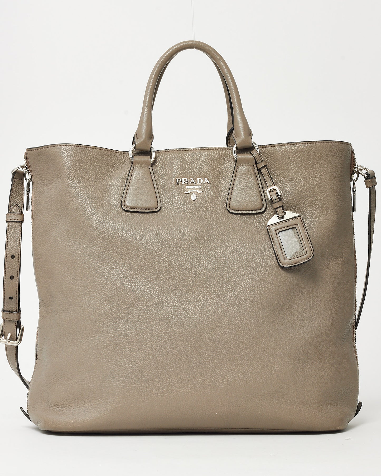 Prada Grey Black Vitello Daino Leather Large Zip Tote Bag with Strap SHW