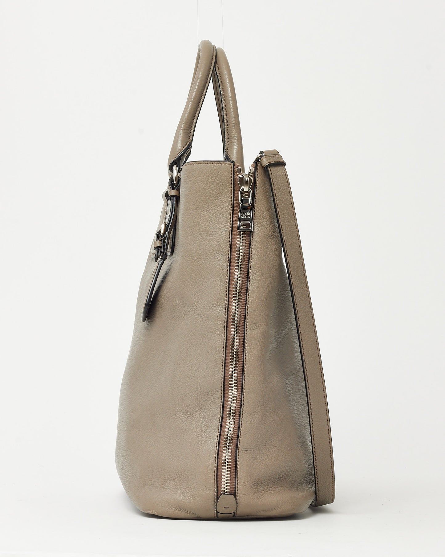 Prada Grey Black Vitello Daino Leather Large Zip Tote Bag with Strap SHW