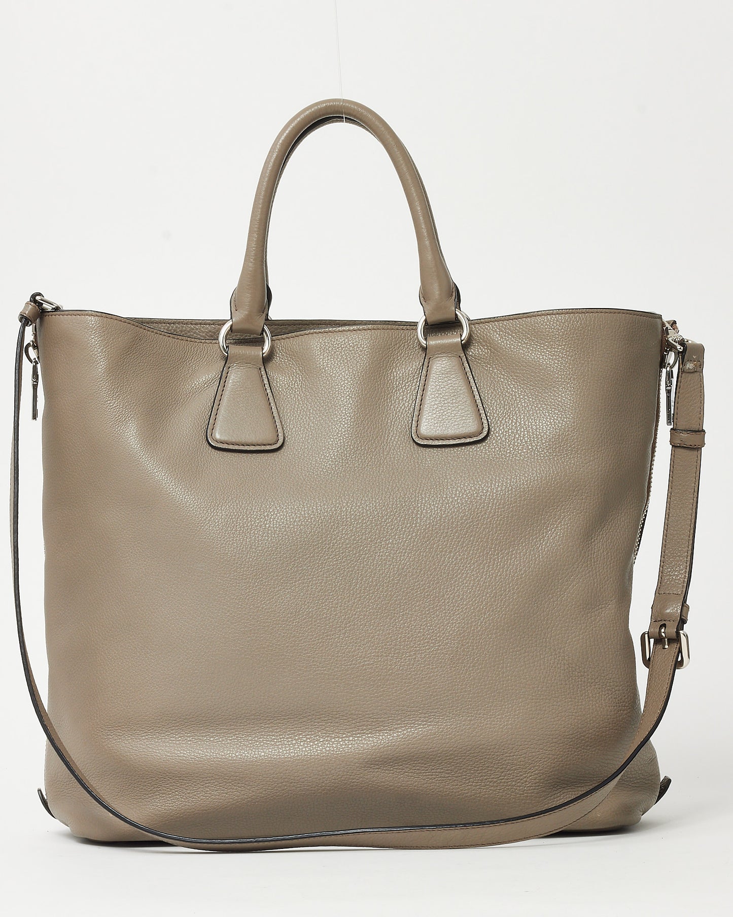 Prada Grey Black Vitello Daino Leather Large Zip Tote Bag with Strap SHW