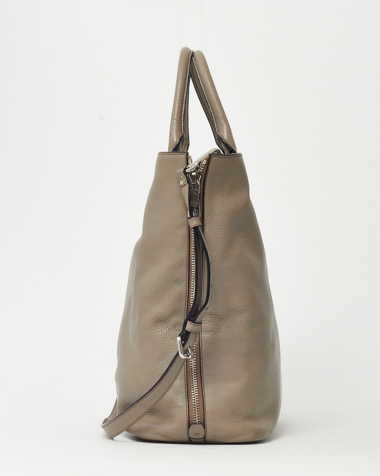 Prada Grey Black Vitello Daino Leather Large Zip Tote Bag with Strap SHW