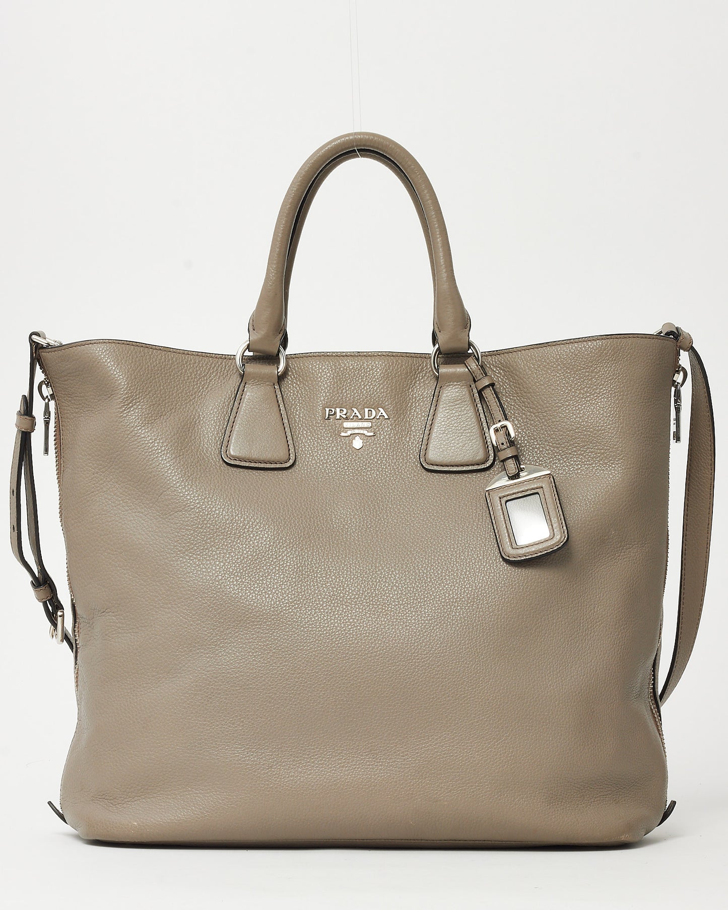 Prada Grey Black Vitello Daino Leather Large Zip Tote Bag with Strap SHW