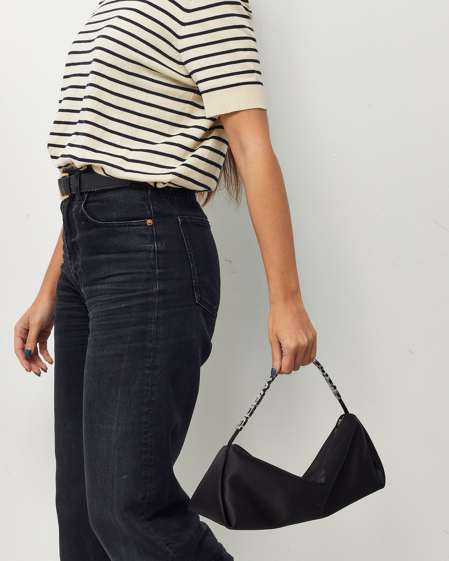 Alexander Wang Black Satin Crystal Logo Handle Marquess Micro Shoulder Bag