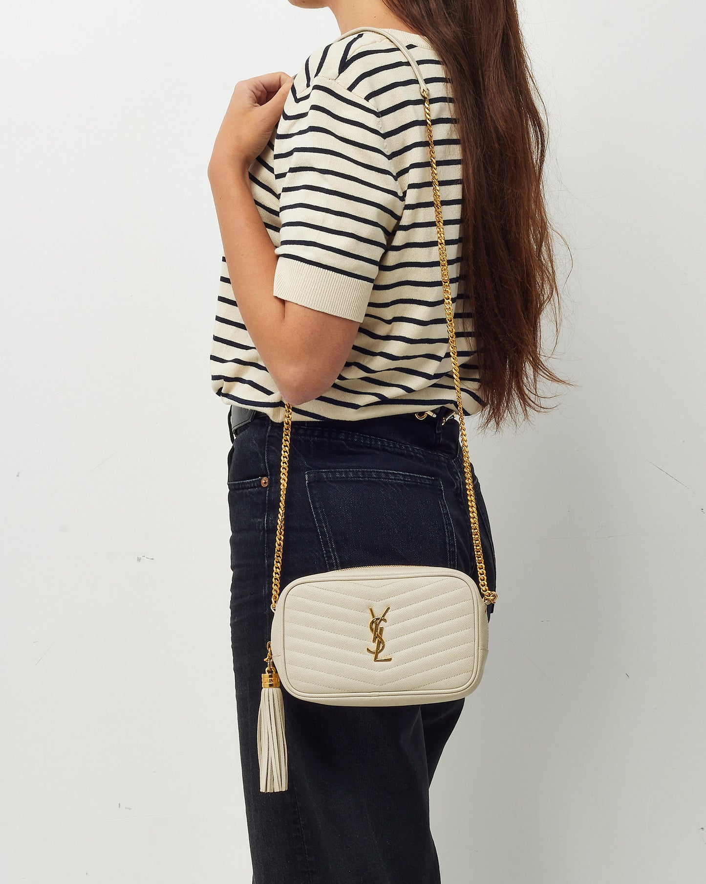 Sac bandoulière chaîne mini Lou YSL Saint Laurent rose poudré chevron grain de poudre SHW