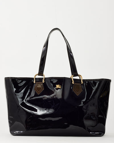 Burberry Black and Khaki Brown Ombre Patent Leather Logo Tote Bag