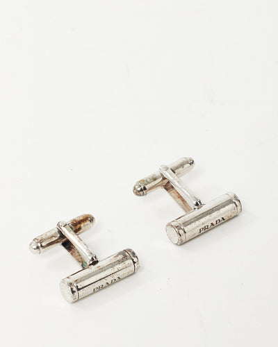 Prada Silver Metal Bar Logo Cufflinks with Box