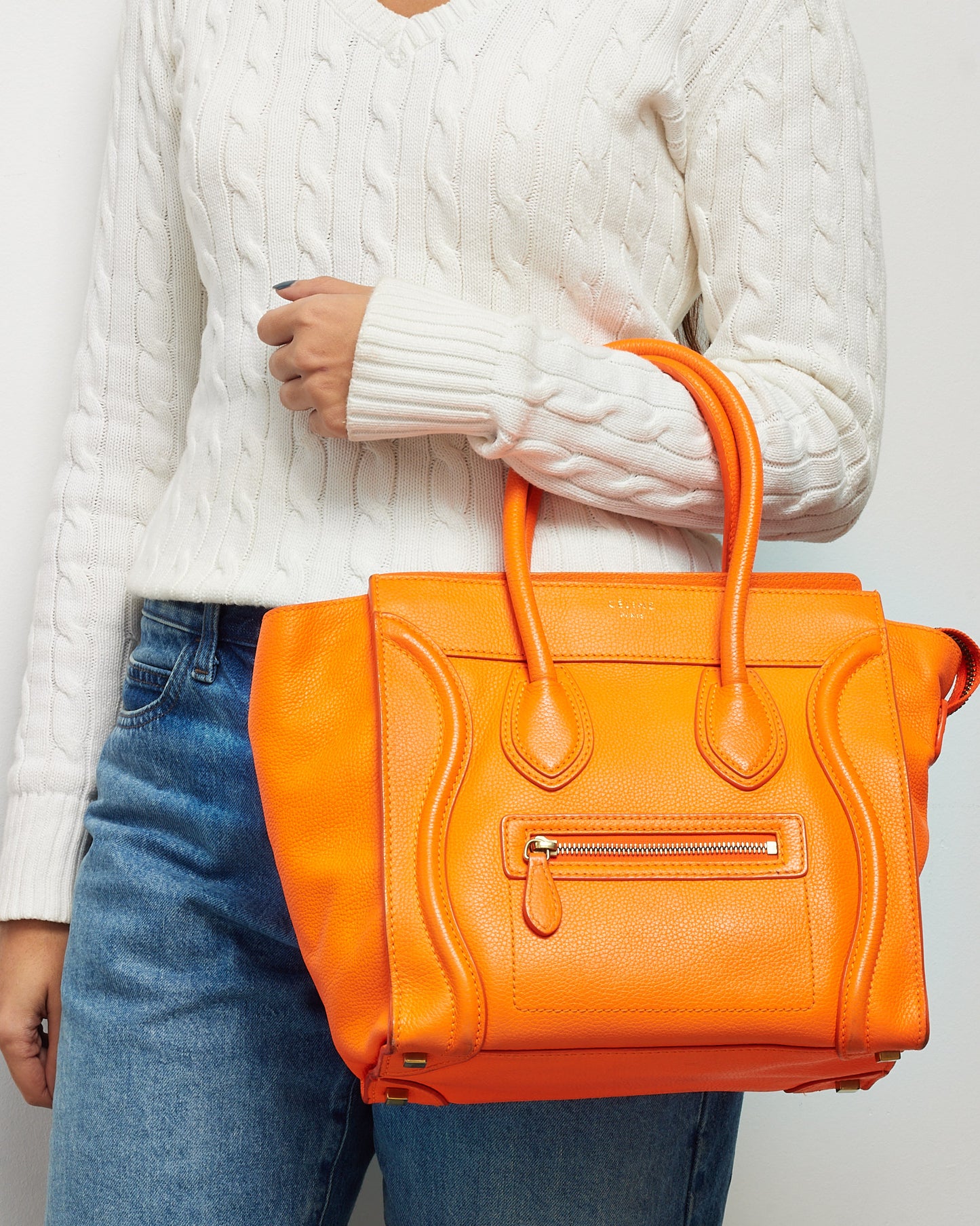 Sac cabas mini Luggage Celine en cuir grainé orange