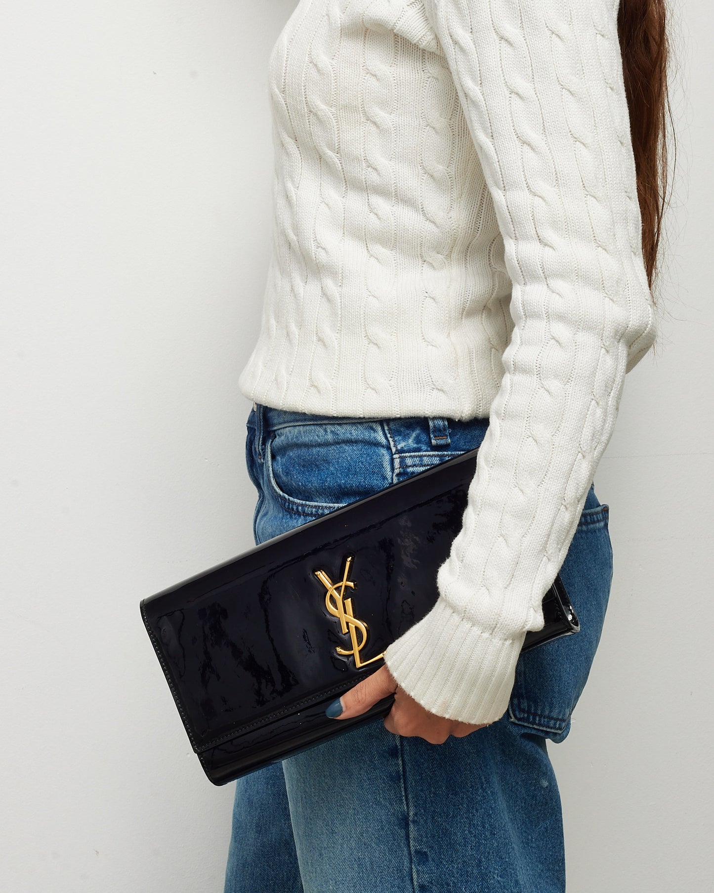 Saint Laurent Black Patent Leather GHW YSL Logo Clutch