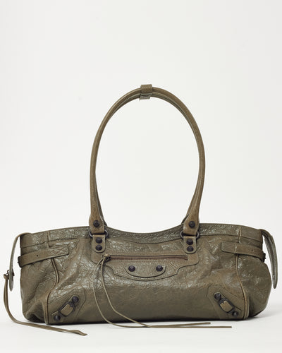 Balenciaga Khaki Grey Arena Leather East-West Le City Shoulder Bag