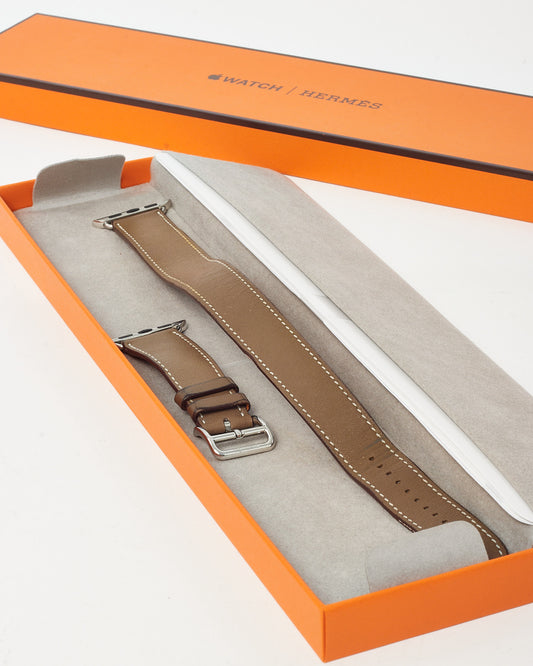 Hermès Etoupe Swift Calfskin Leather Double Tour Attelage Apple Watch Strap 38mm