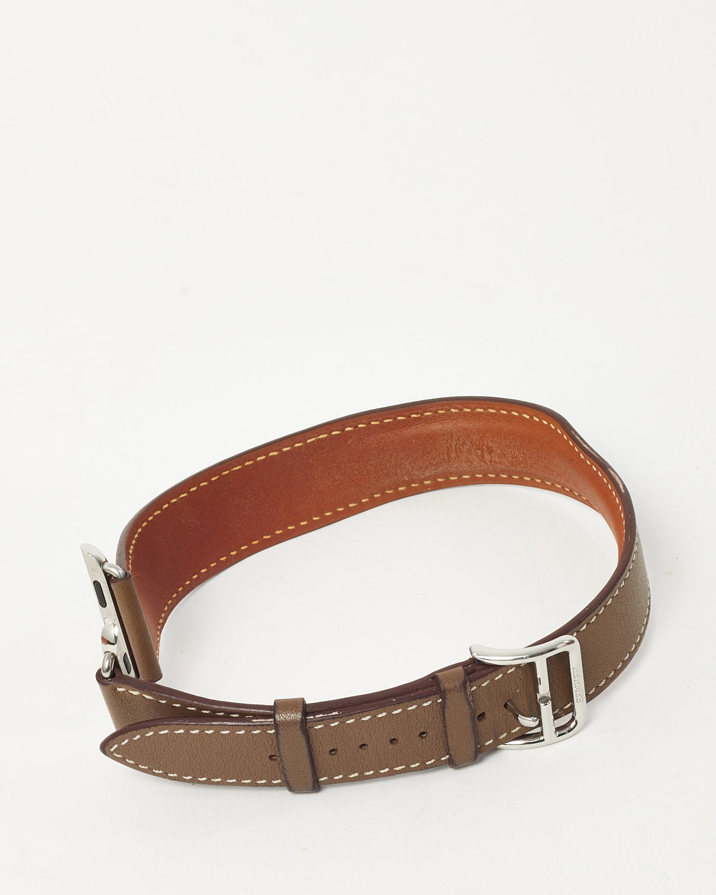 Hermès Etoupe Swift Calfskin Leather Double Tour Attelage Apple Watch Strap 38mm