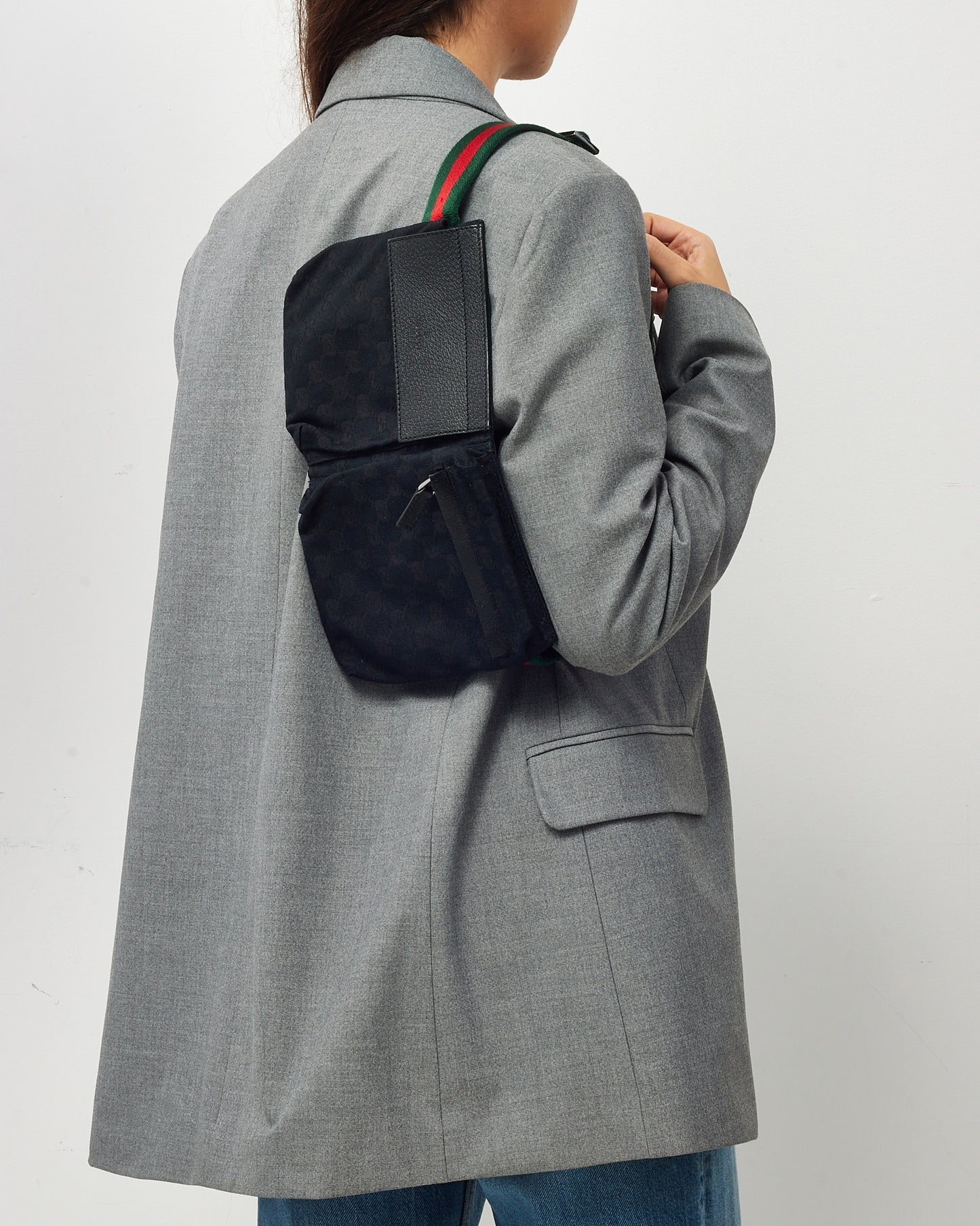 Gucci Black Monogram GG Canvas Double Pocket Belt Bag