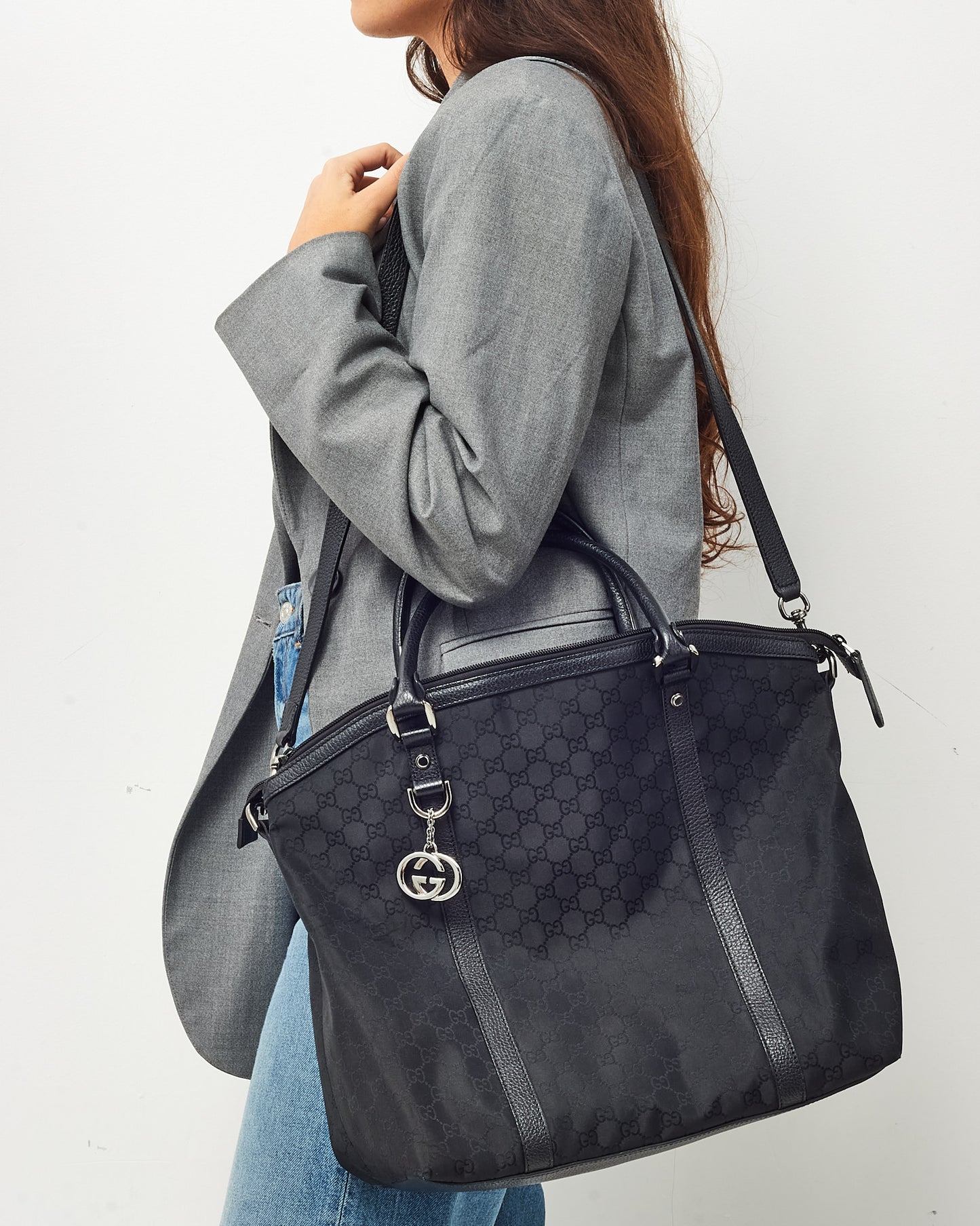 Gucci Black GG Monogram Nylon Large Dome 2Way Top Handle Bag with Strap