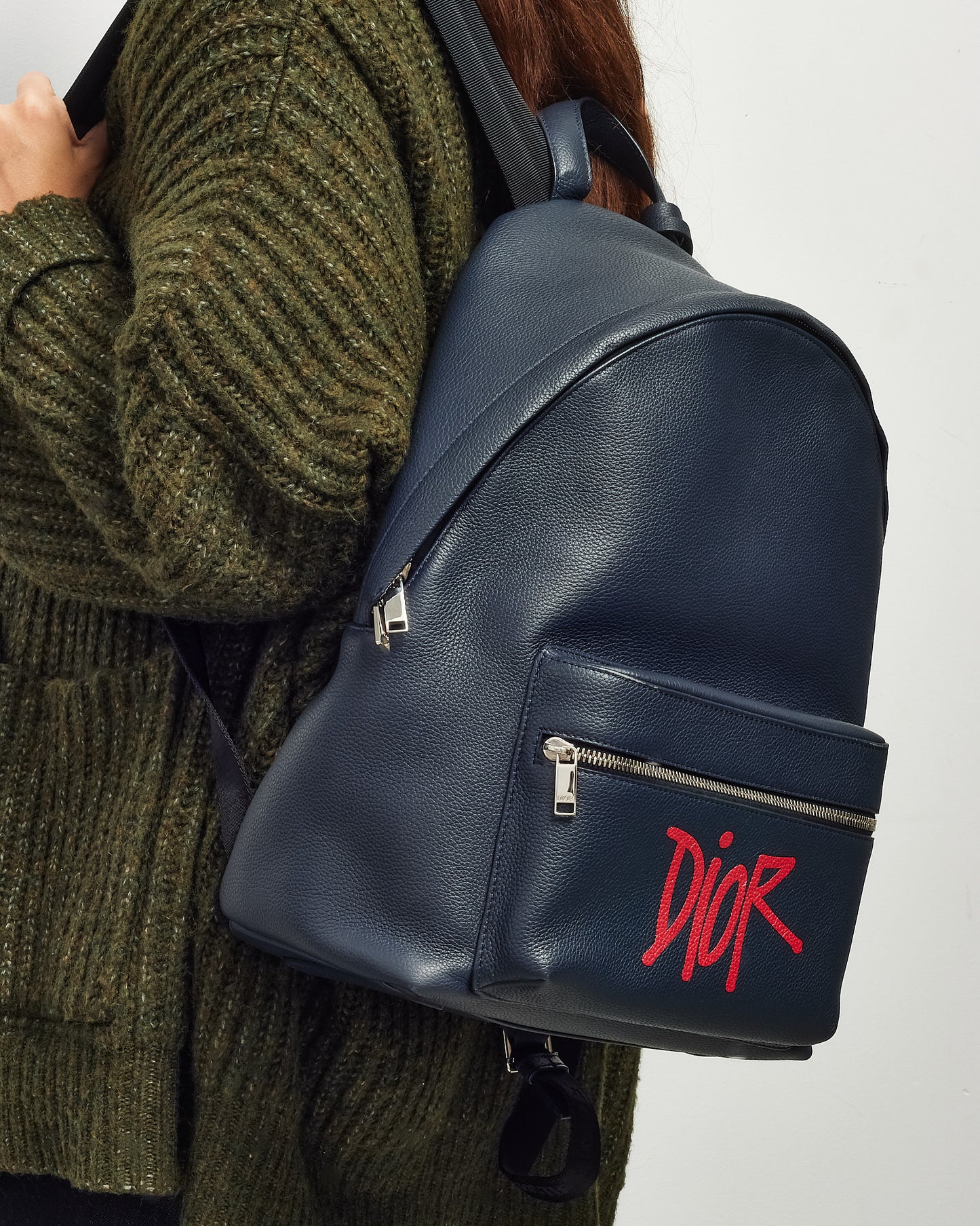 Dior x Stussy Navy Grained Leather Red Printed Logo Backpack