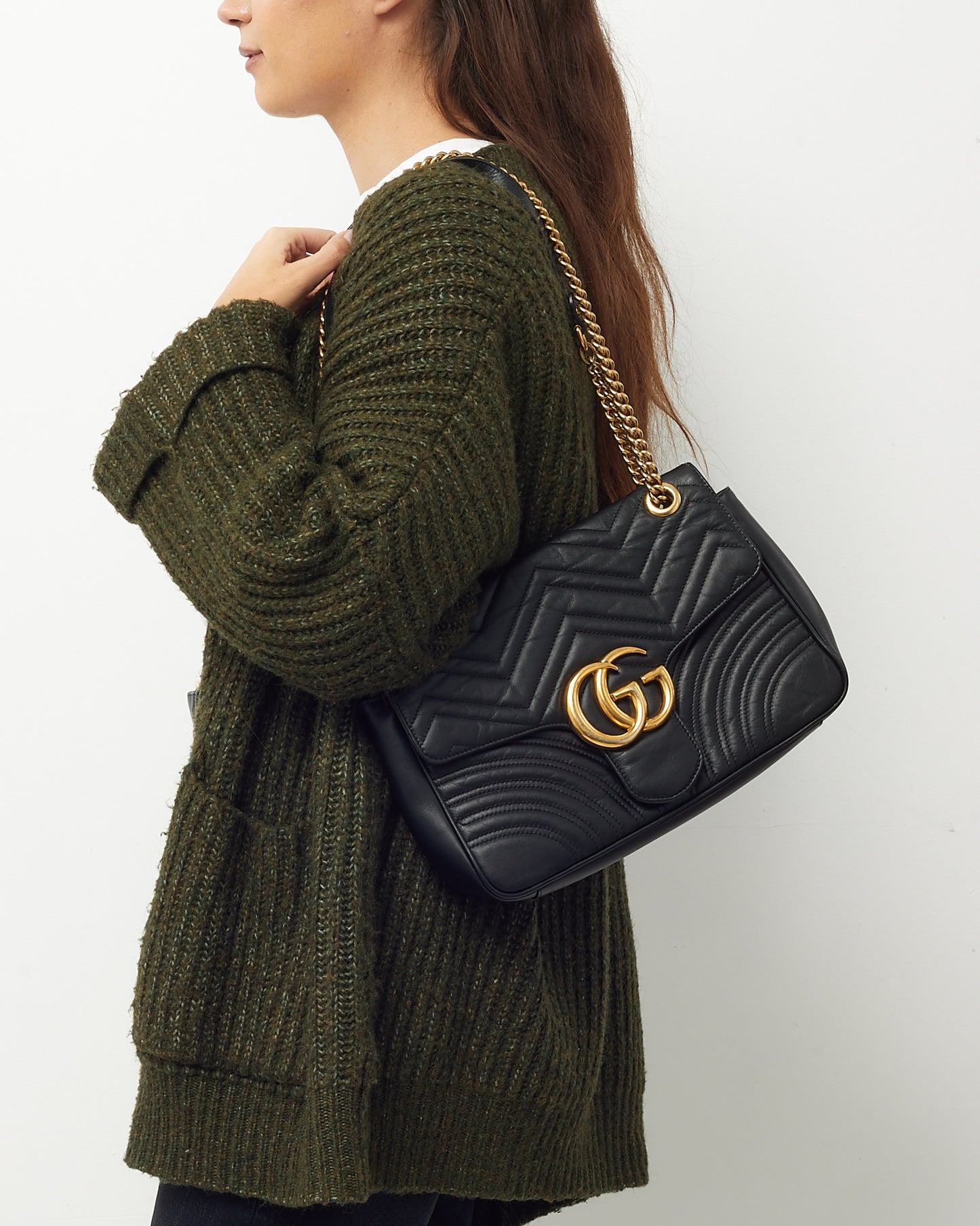 Gucci Black Matelassé Leather Medium GG Marmont Shoulder Bag GHW