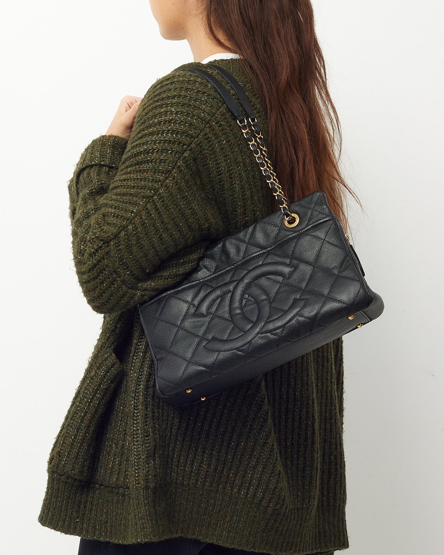 Chanel Black Caviar Quilted Leather CC Timeless Soft Zip Tote GHW