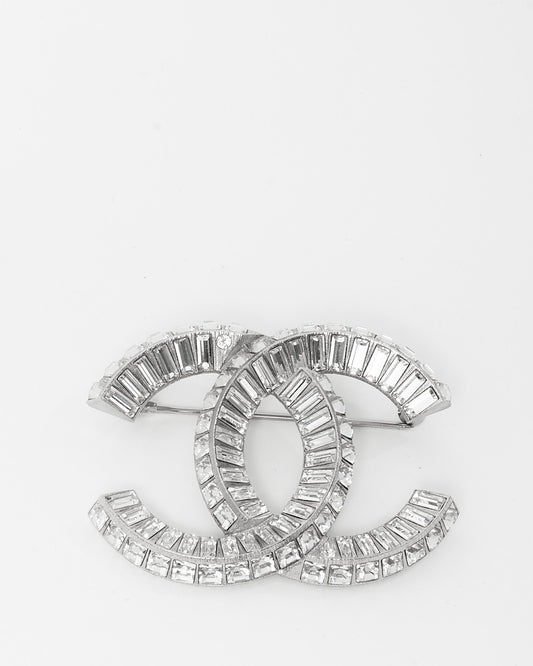 Chanel Silver Crystal CC Logo Baguette Brooch