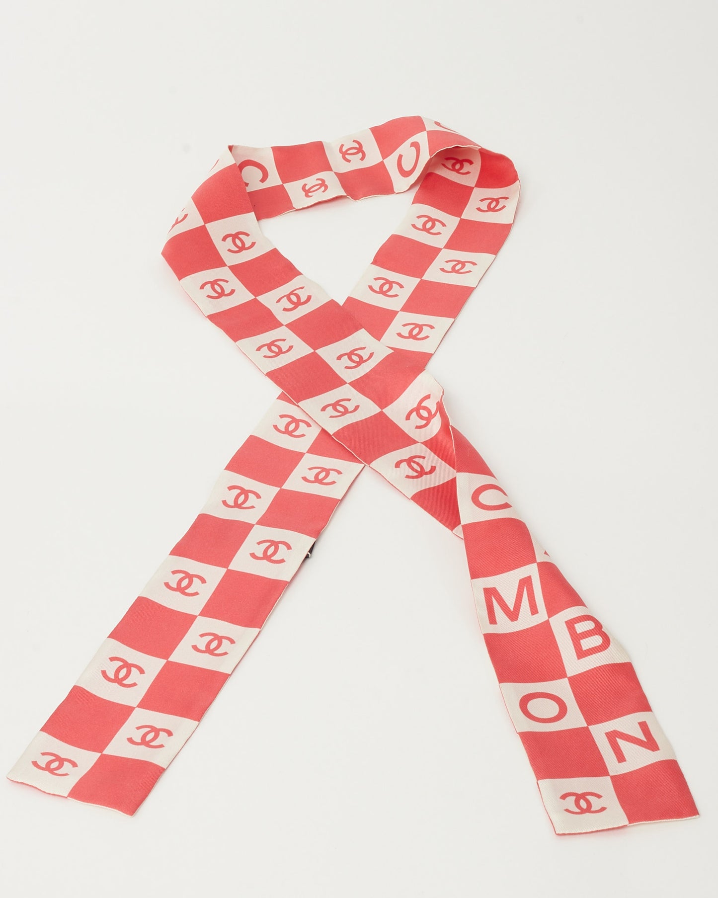 Chanel Coral Pink and White Checkered Silk Coco and CC Logo Bandeau Twilly Scarf