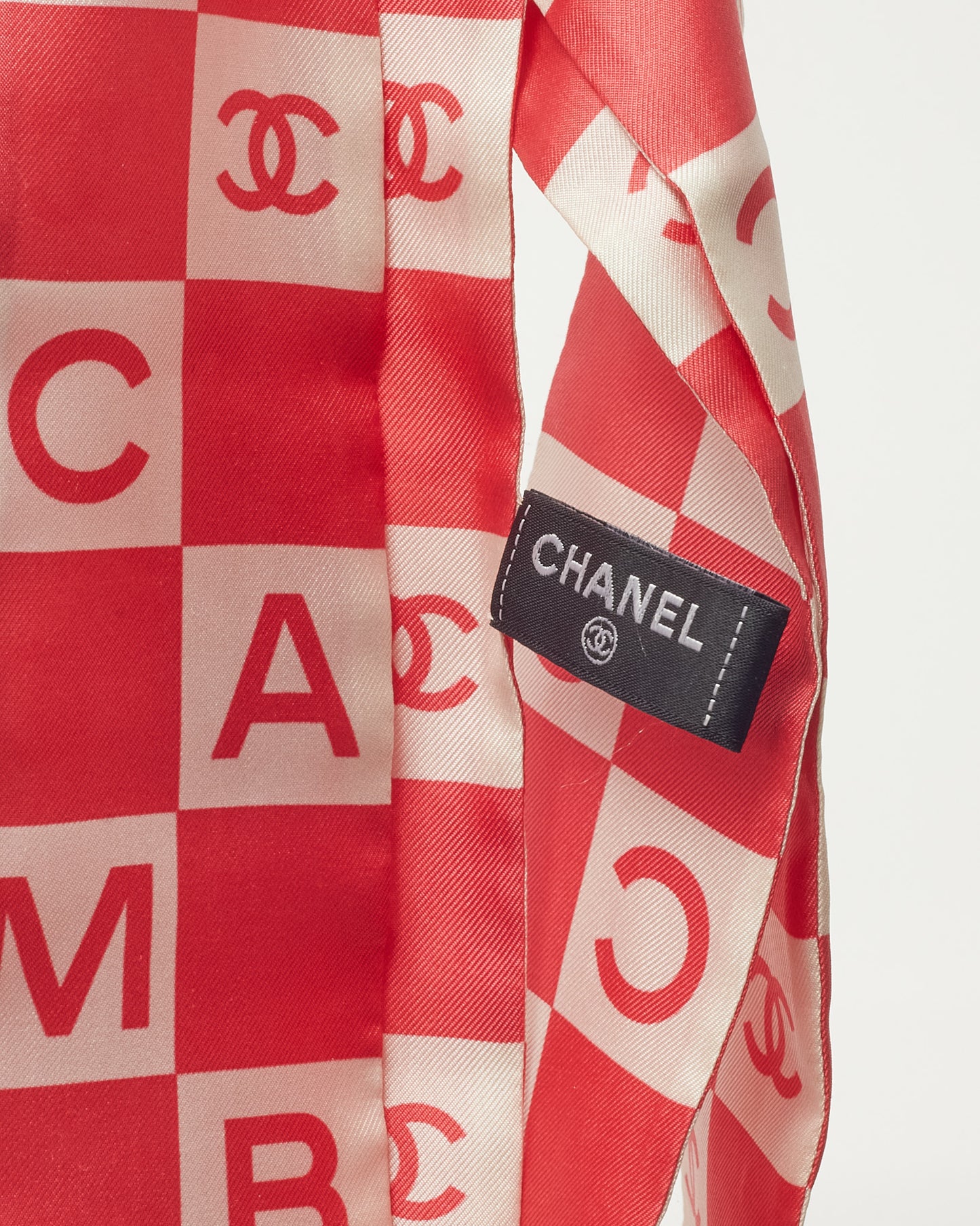 Chanel Coral Pink and White Checkered Silk Coco and CC Logo Bandeau Twilly Scarf